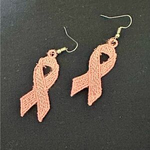 Embroidered Freestanding Lace Breast Cancer Pink Ribbon Earrings.